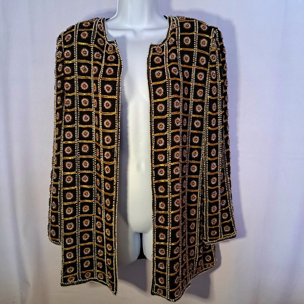 JOSEPH RIBKOFF BLAZER cardigan Sz M SILK EMBROIDERED FAUX-PEARL office REAL GEM